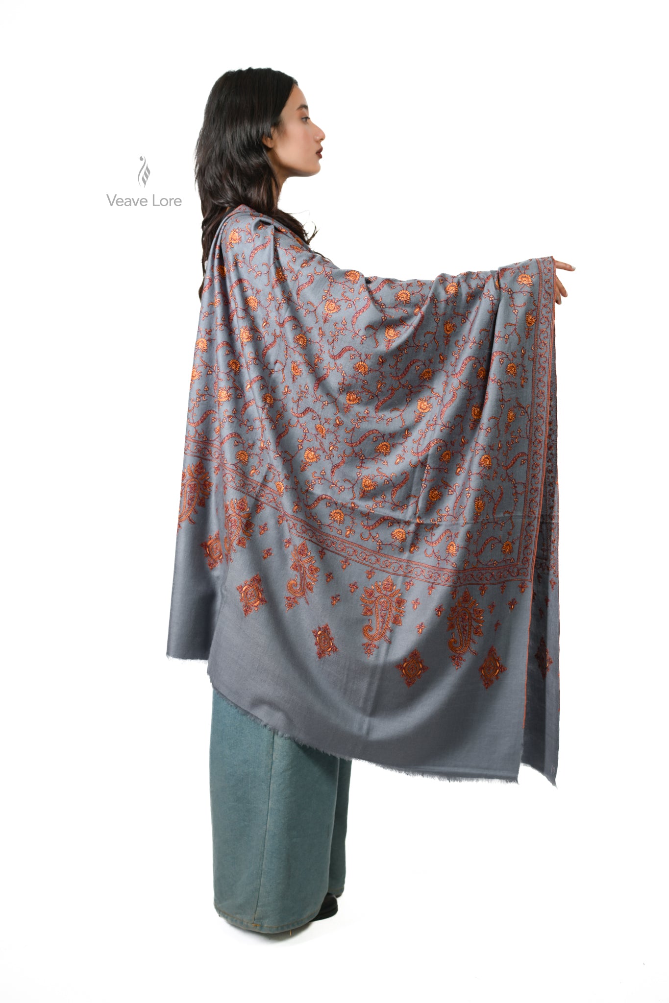 Mehtab & Copper Pashmina Shawl — Sozni Buti and Hashia on Dove Grey