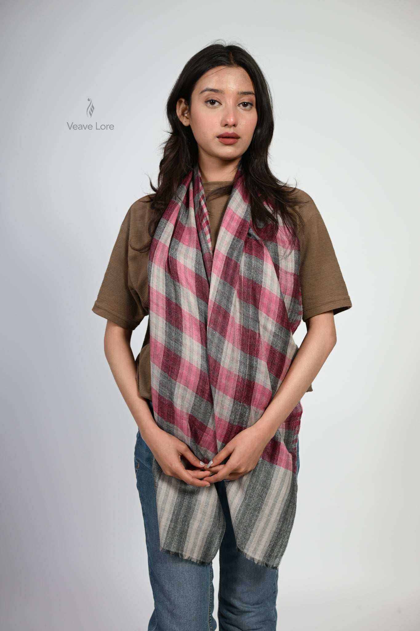 Berry & Grey Check Fine Wool Scarf