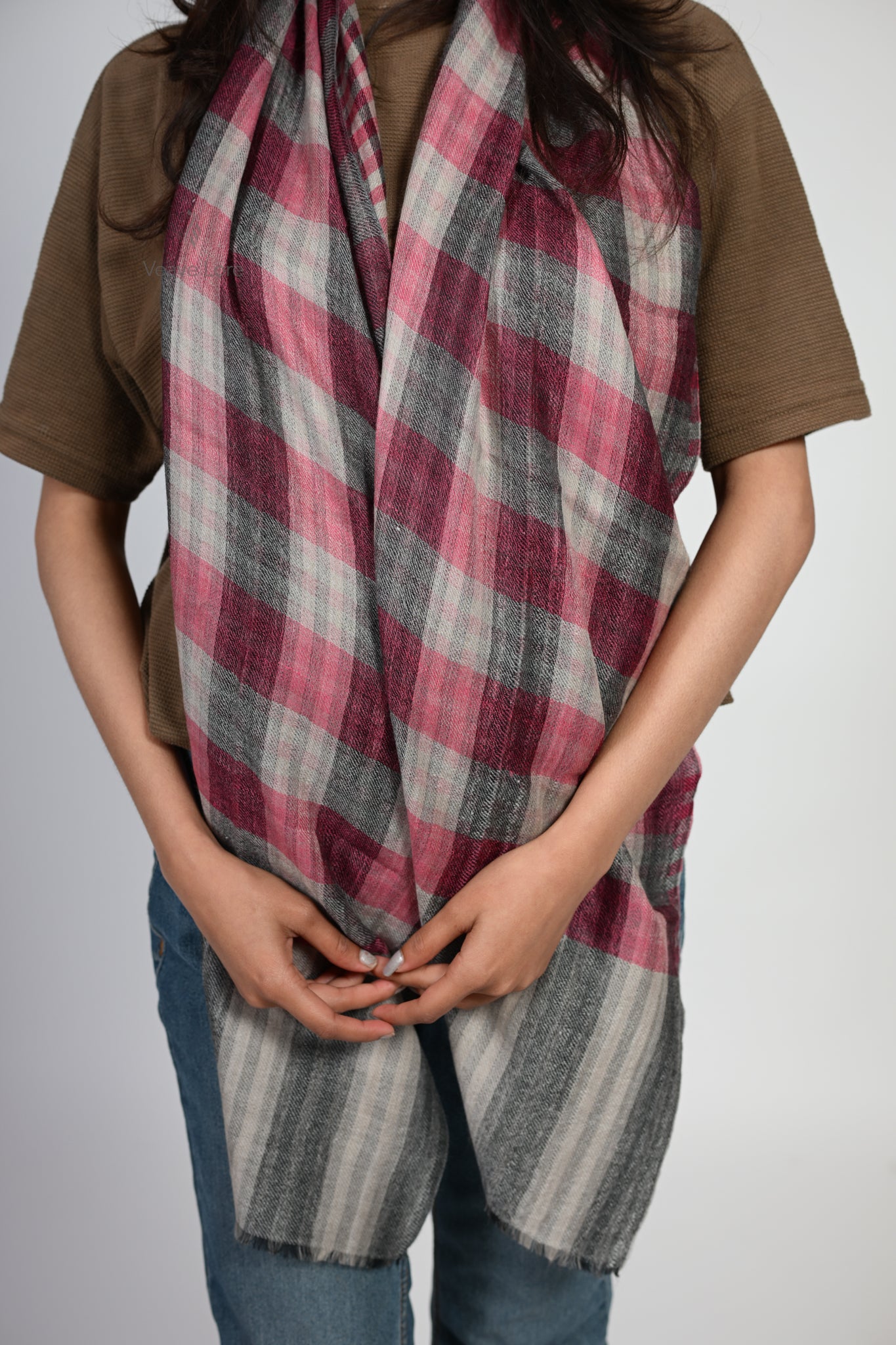 Berry & Grey Check Fine Wool Scarf