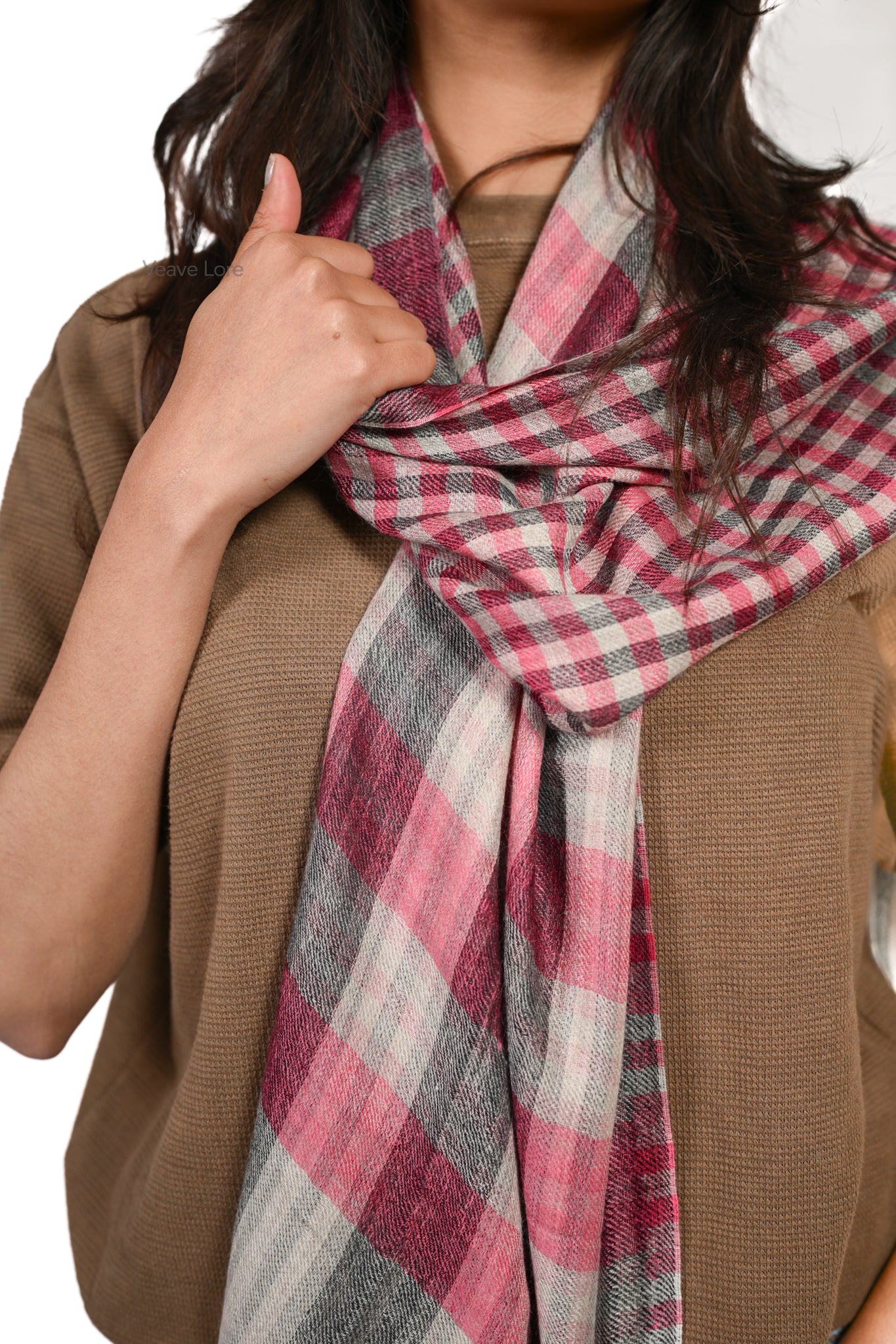 Berry & Grey Check Fine Wool Scarf