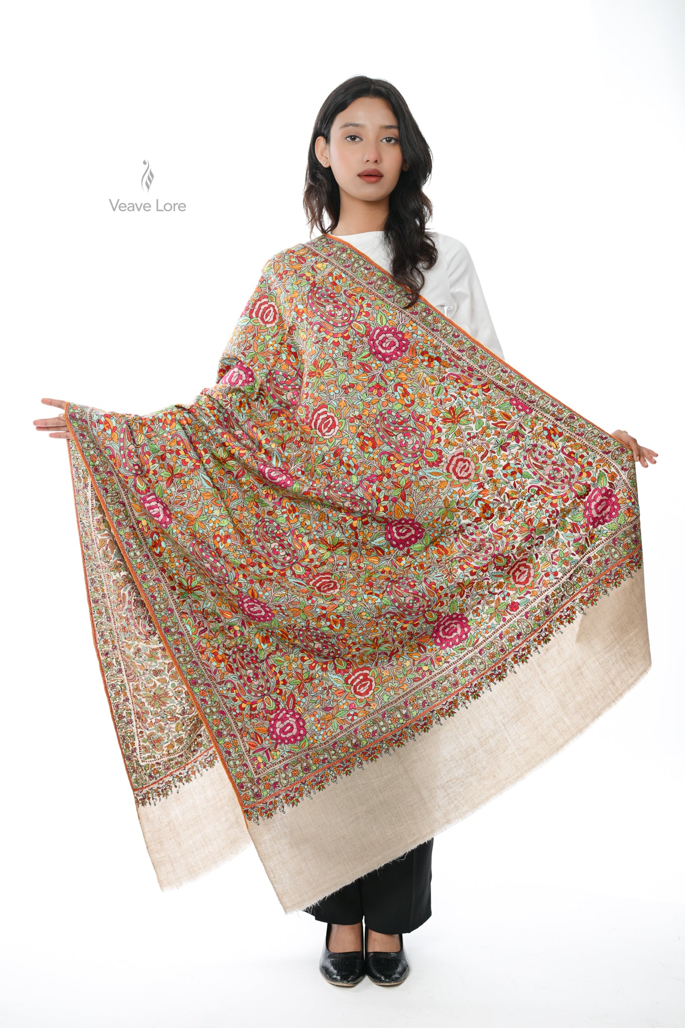 Khaki Gulshan Hand Embroidered Sozni Jamawar Shawl