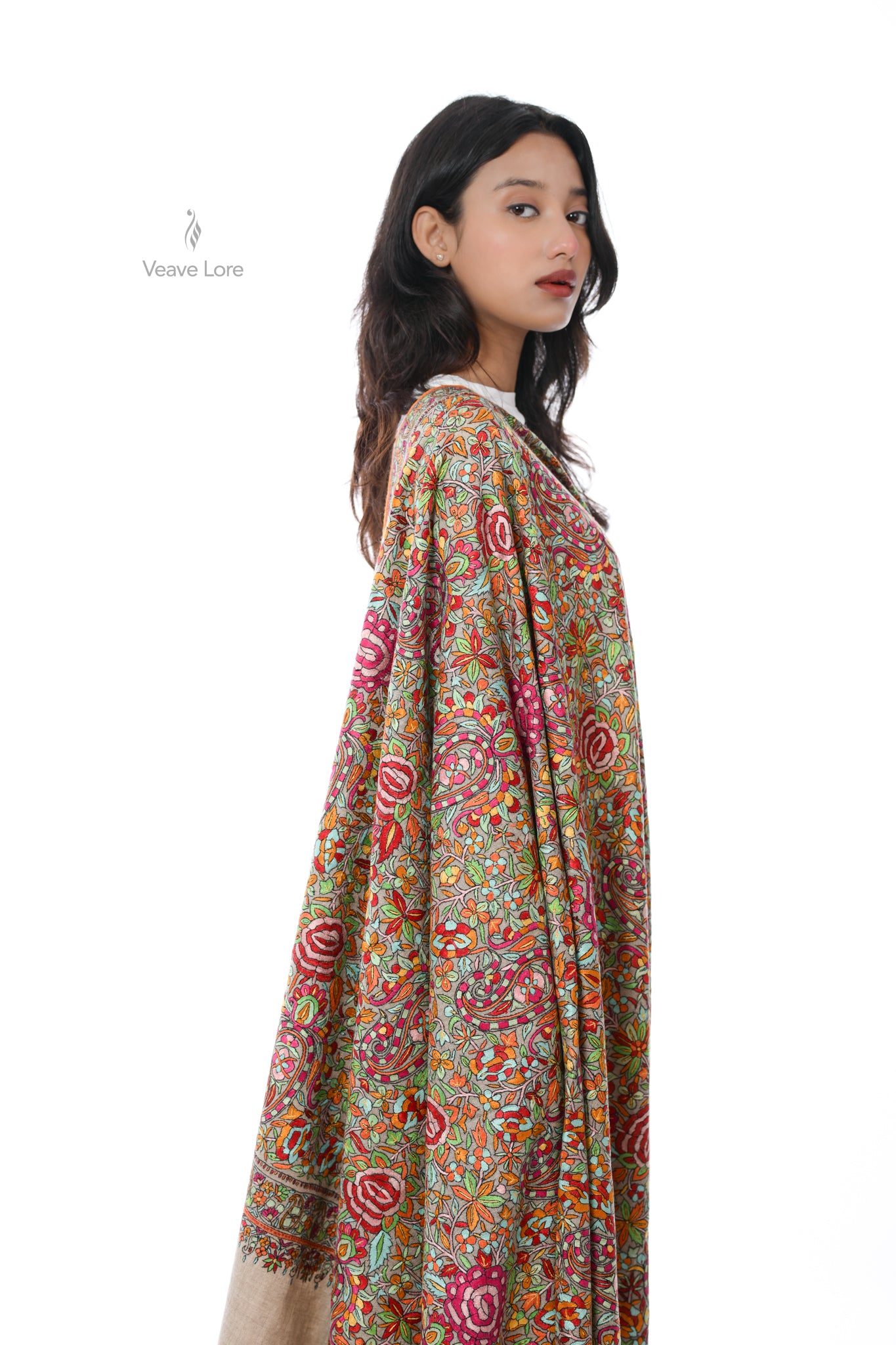 Khaki Gulshan Hand Embroidered Sozni Jamawar Shawl
