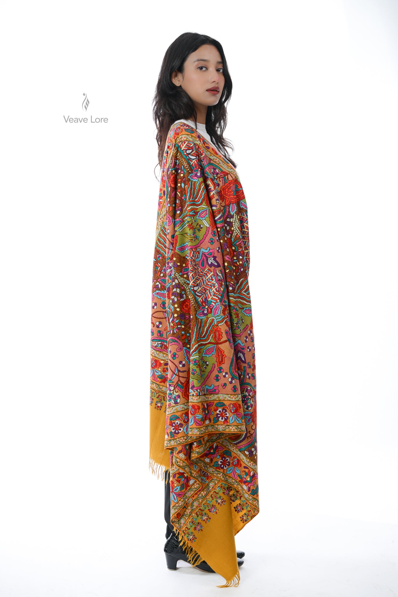Zaffran Bahar Hand Embroidered Jamawar Floral Border Shawl