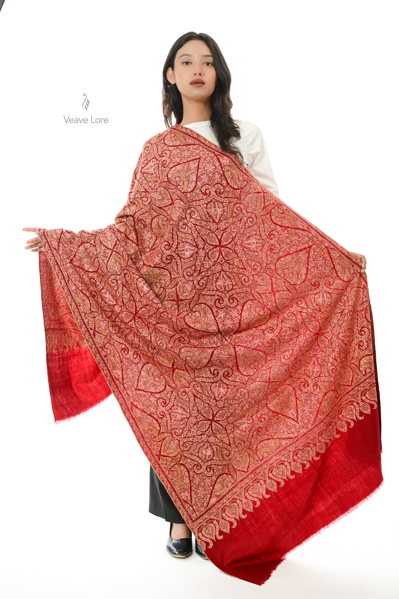 Ahmar Looz  Hand Embroidered Sozni Jamawar Shawl