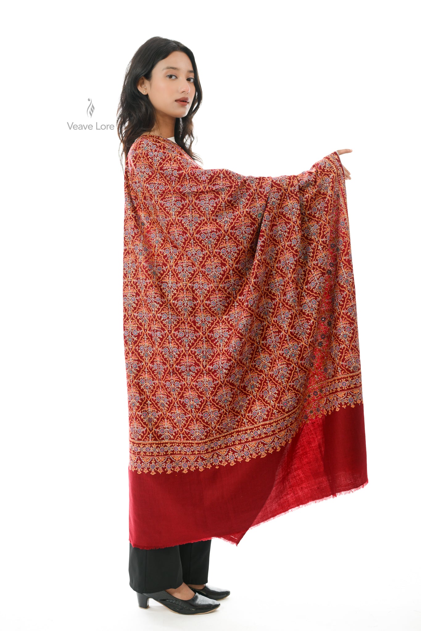 Maroon Chaman Hand Embroidered Sozni Jamawar Shawl