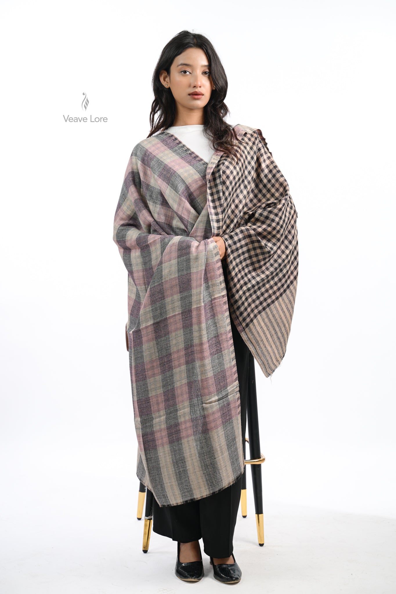 Reversible Check & Stripe Wool Stole
