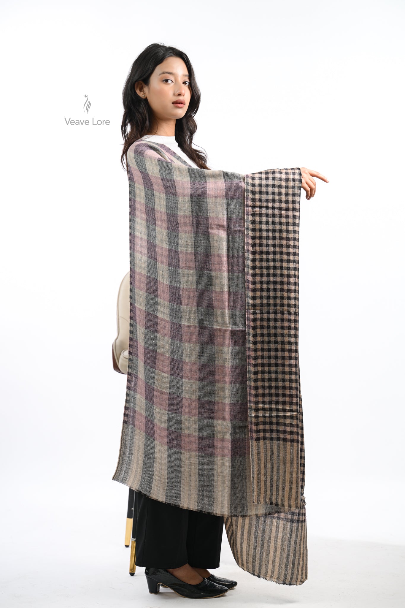 Reversible Check & Stripe Wool Stole