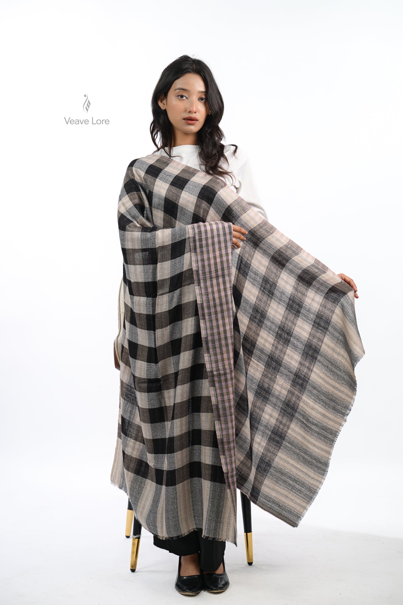 Reversible Check & Stripe Wool Stole