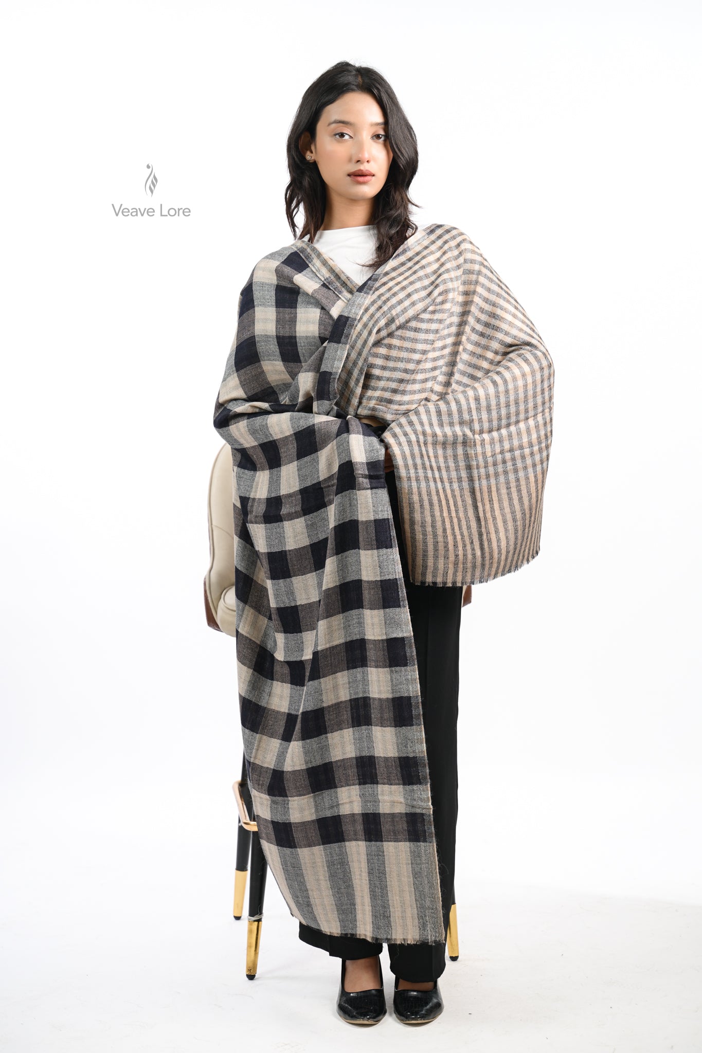 Reversible Check & Stripe Wool Stole