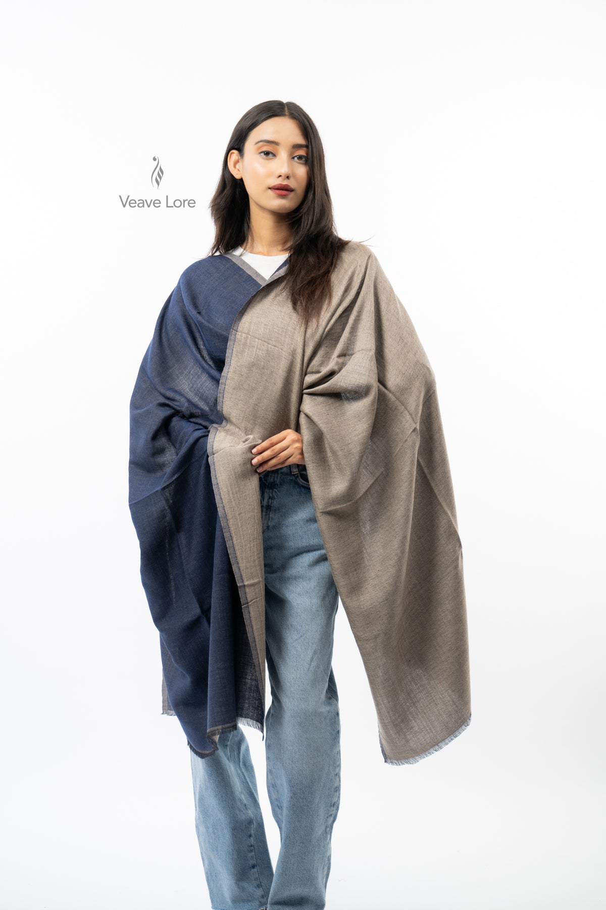 Women Navy & Grey Two-Face Reversible Fine Wool Stole