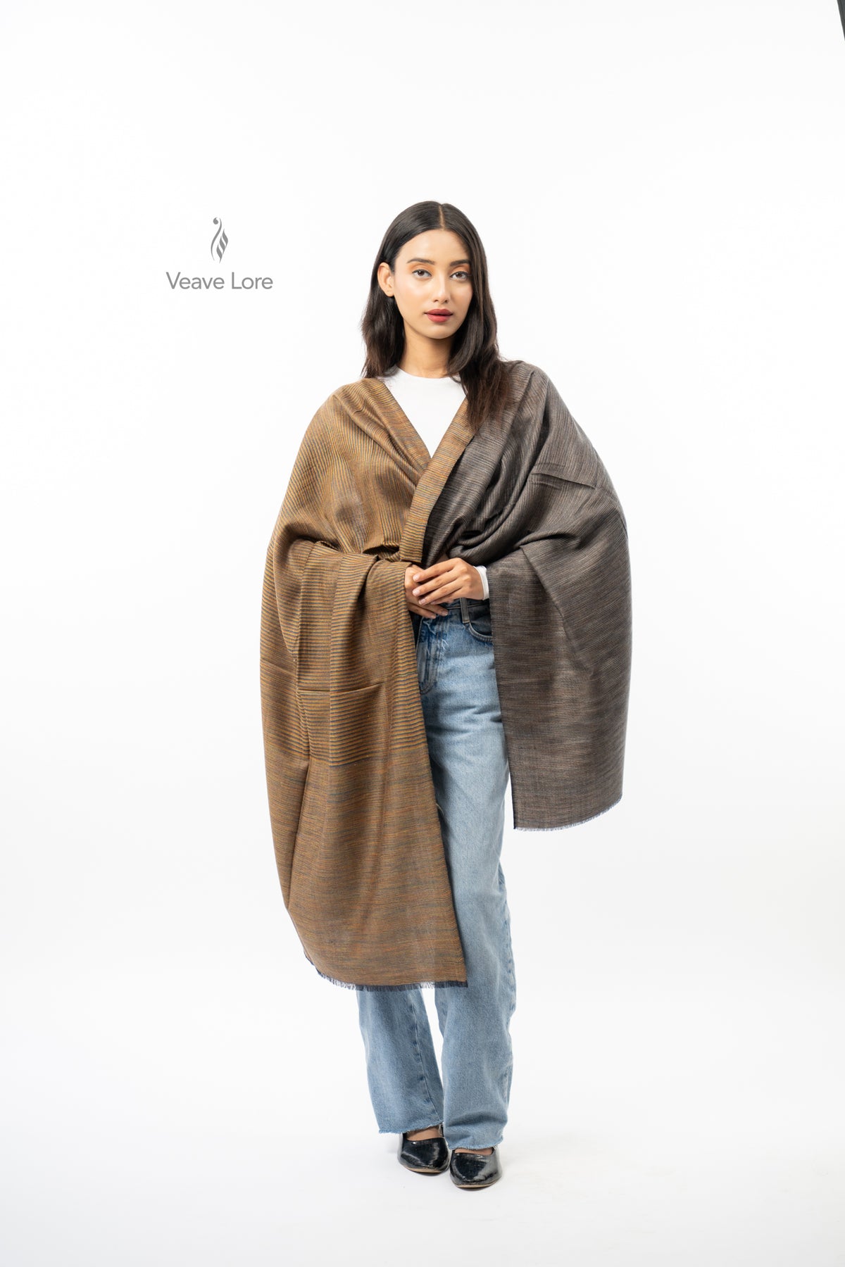 Women Brown Two-Way Fine Wool Stole with Stripe Pattern