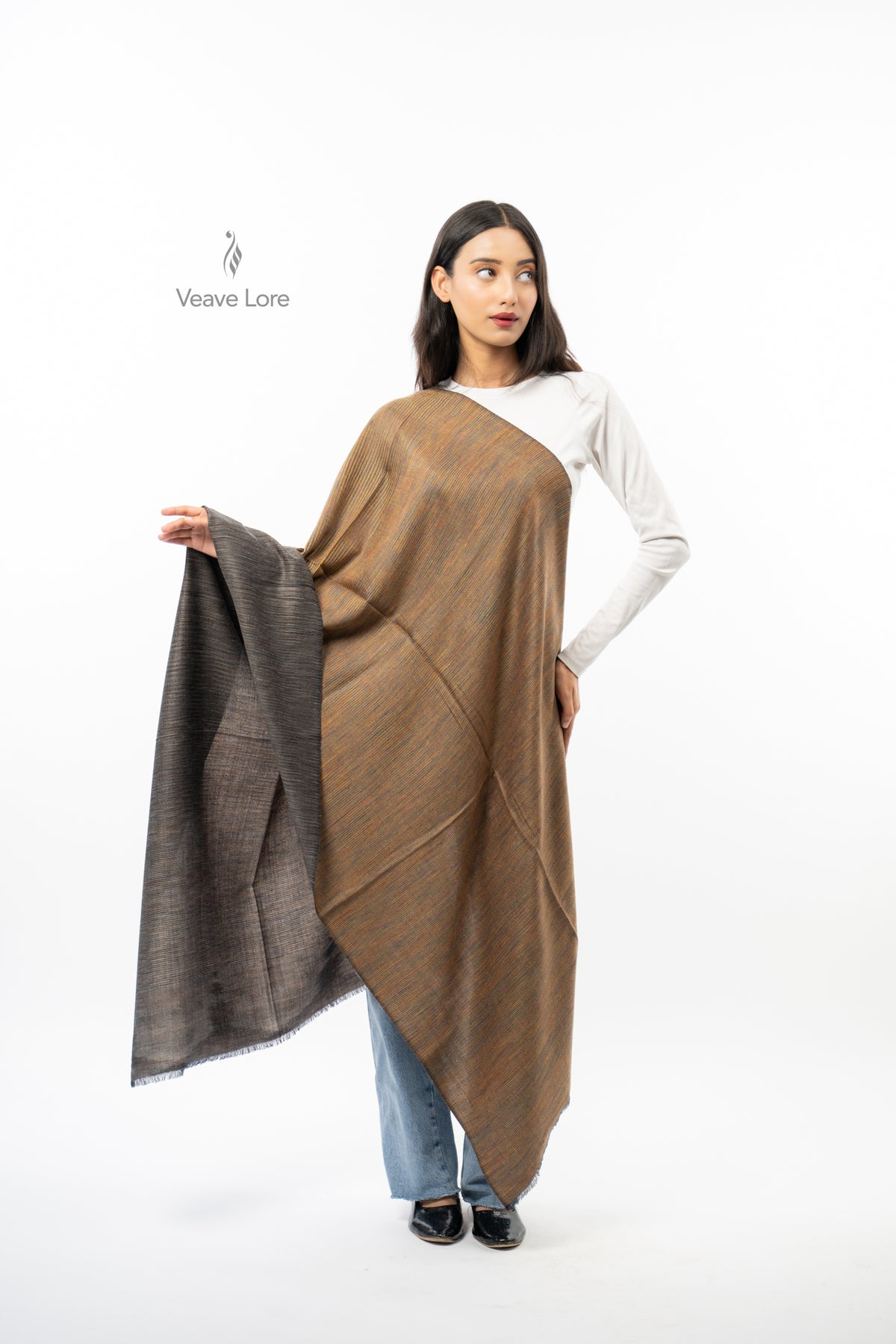 Women Brown Two-Way Fine Wool Stole with Stripe Pattern