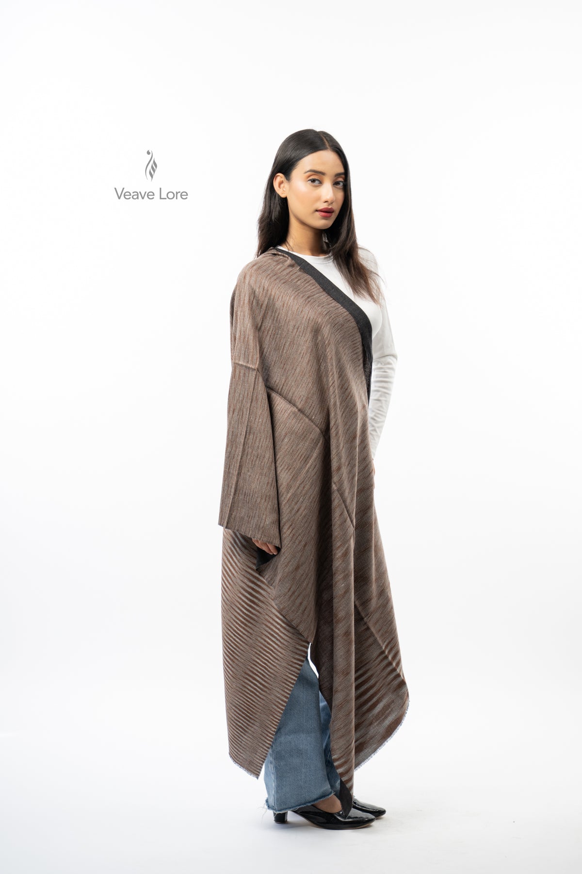 Women Brown Two-Way Fine Wool Stole with Stripe Pattern