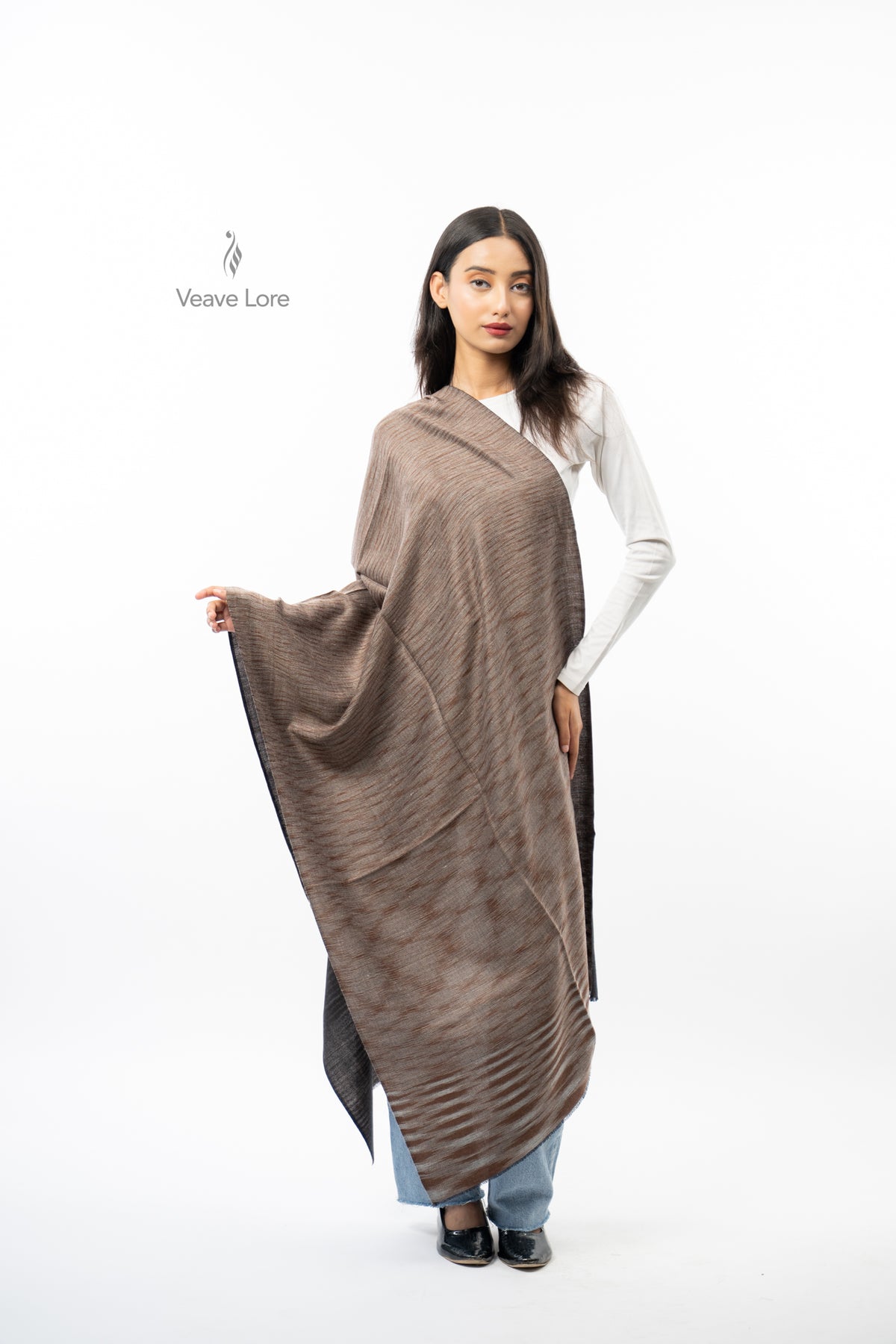 Women Brown Two-Way Fine Wool Stole with Stripe Pattern