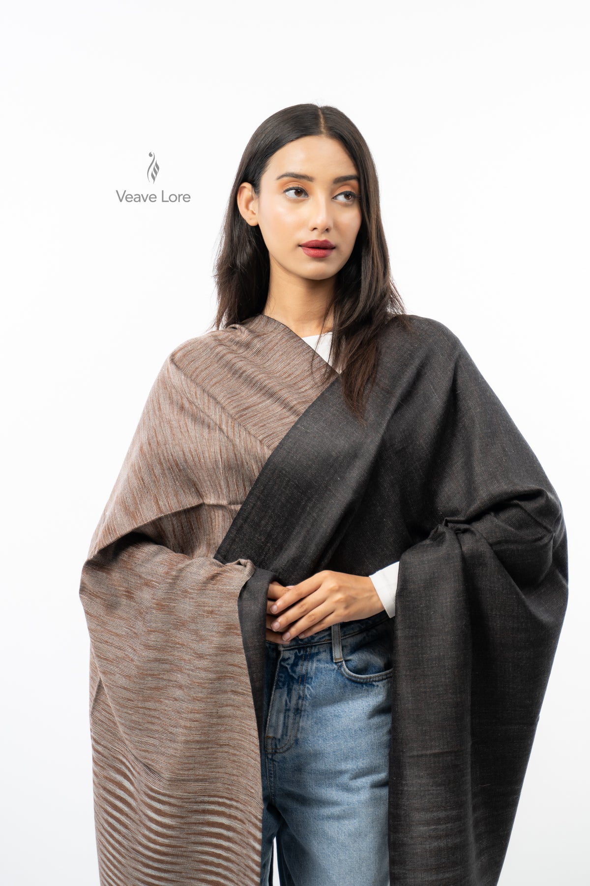 Women Brown Two-Way Fine Wool Stole with Stripe Pattern