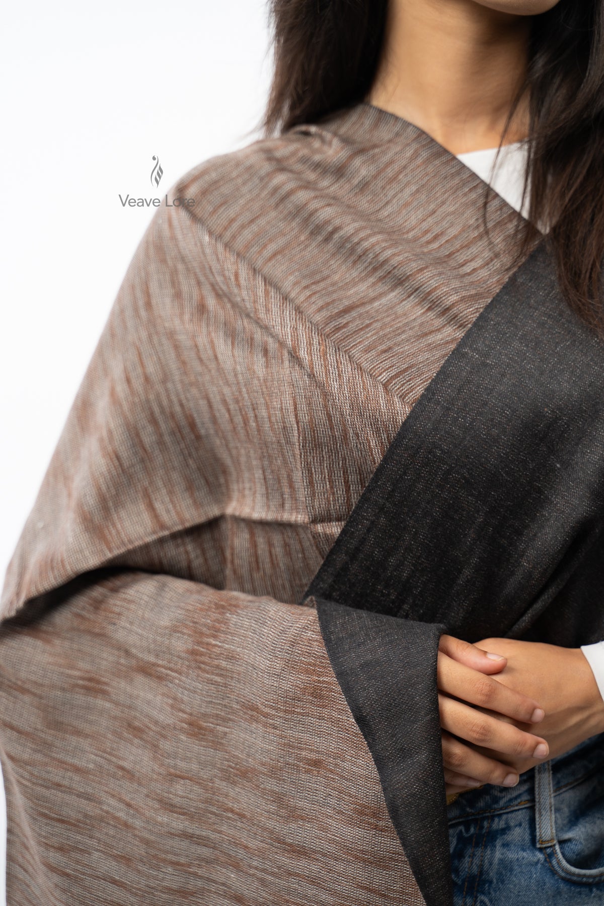 Women Brown Two-Way Fine Wool Stole with Stripe Pattern