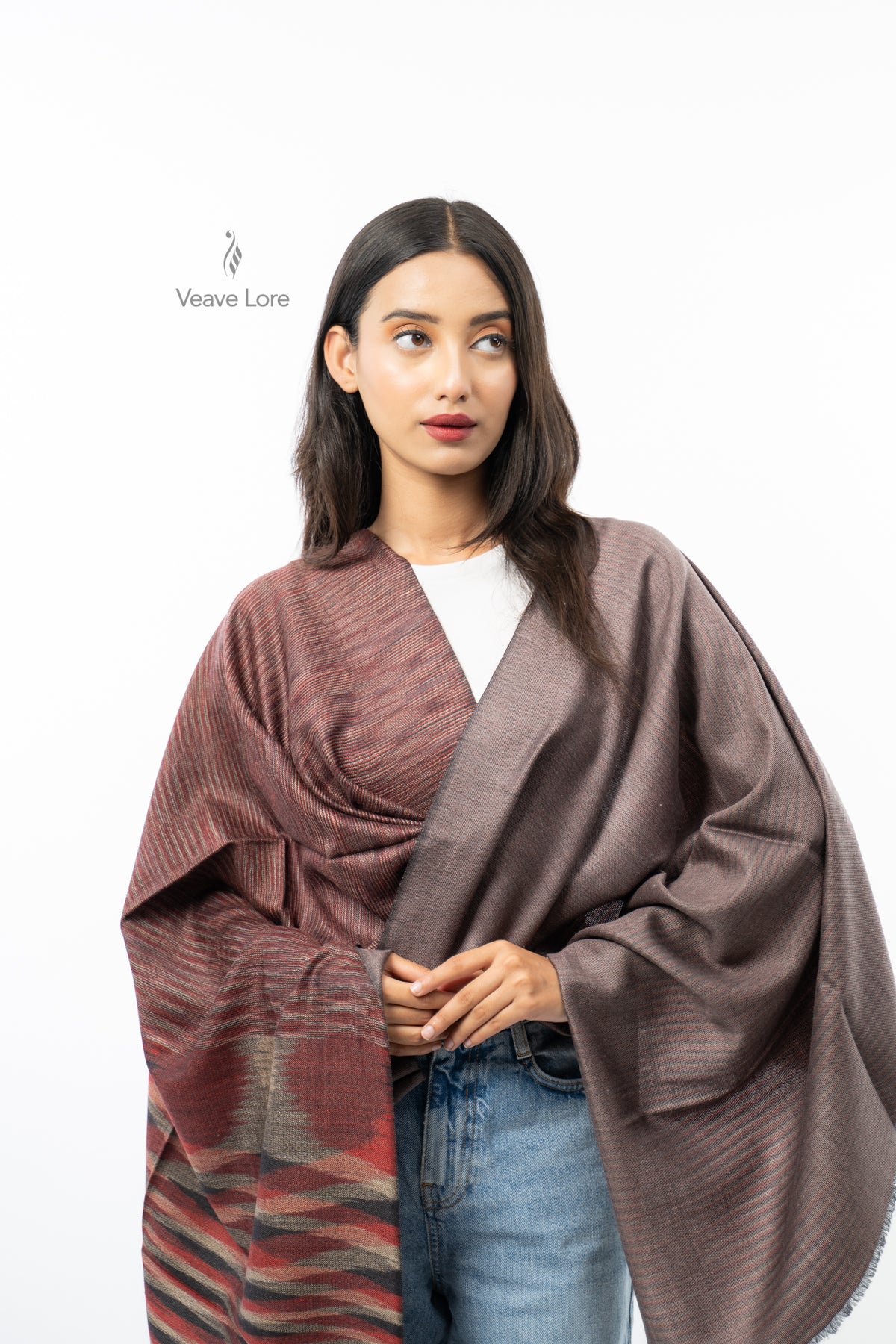 Women Brown Two-Way Fine Wool Stole with Stripe Pattern