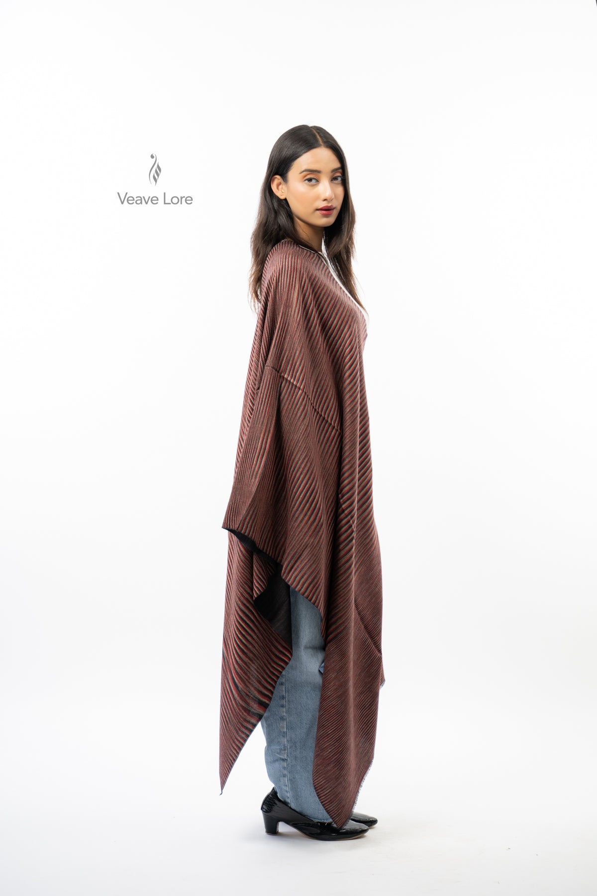 Women Brown Two-Way Fine Wool Stole with Stripe Pattern