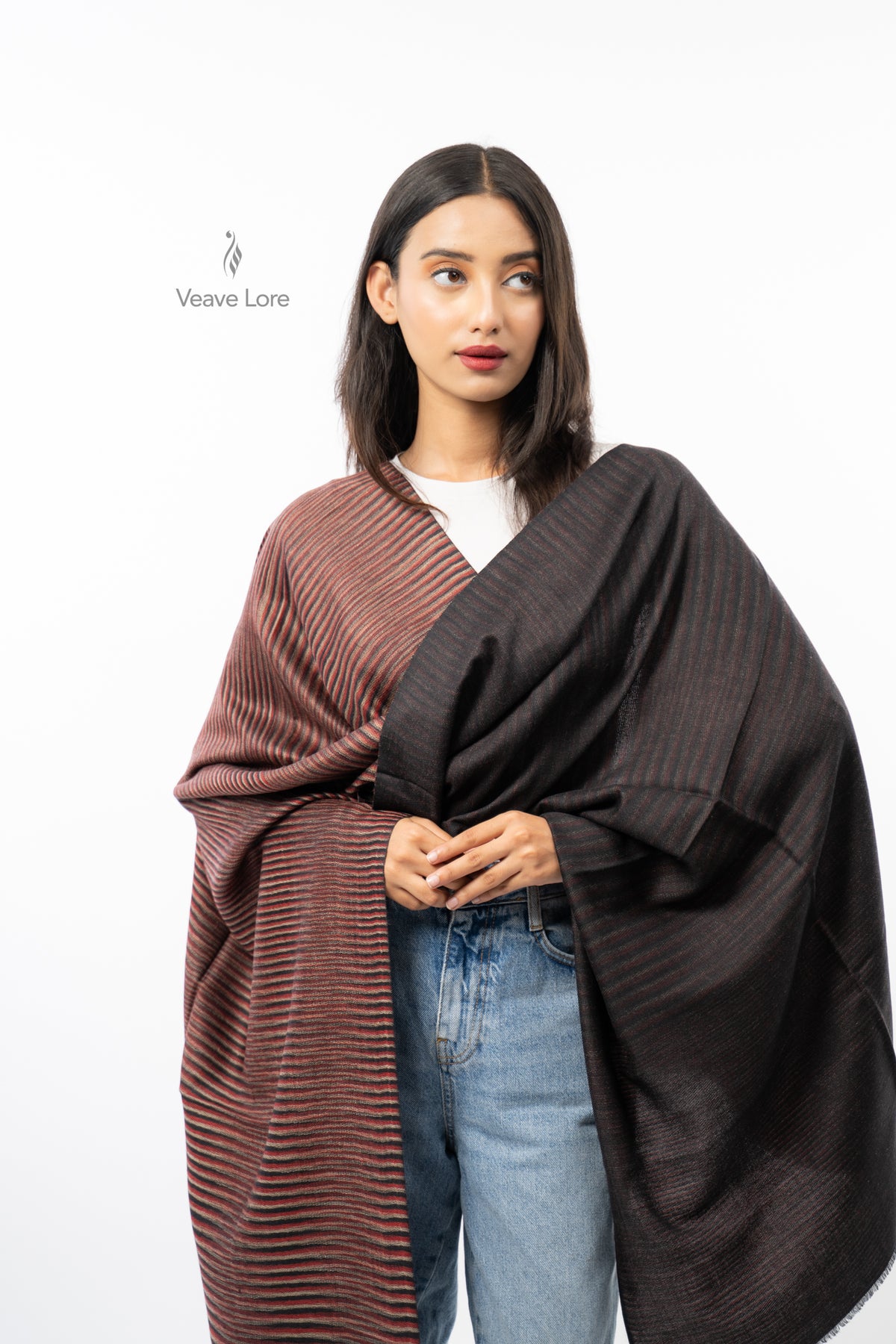 Women Brown Two-Way Fine Wool Stole with Stripe Pattern
