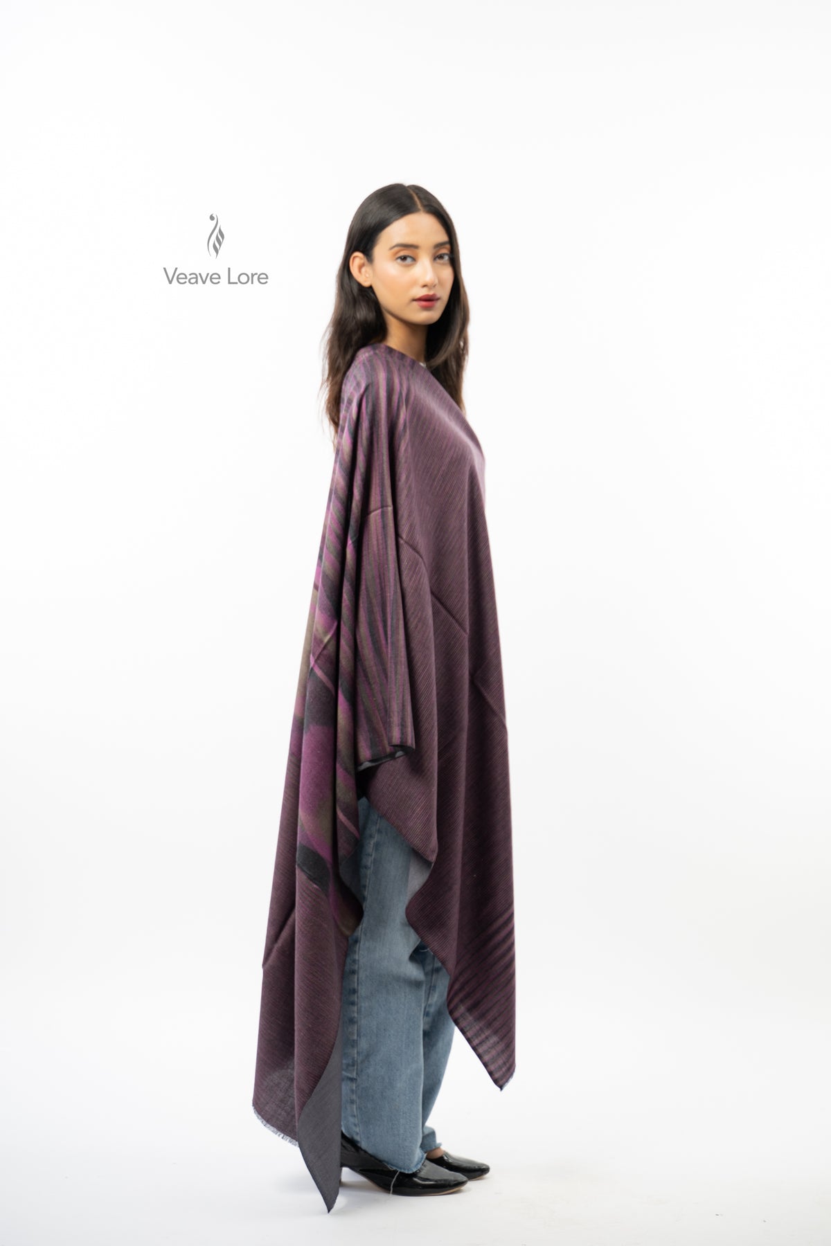 Women Brown Two-Way Fine Wool Stole with Stripe Pattern