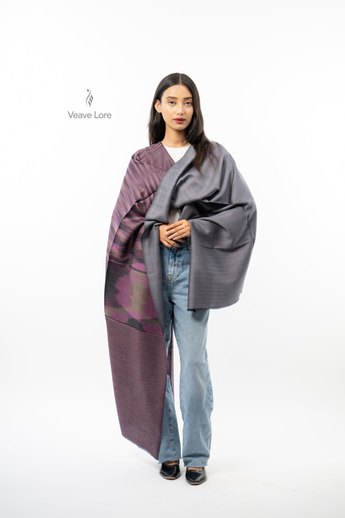 Women Brown Two-Way Fine Wool Stole with Stripe Pattern