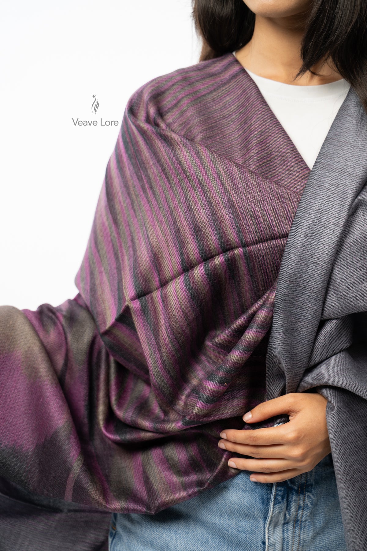 Women Brown Two-Way Fine Wool Stole with Stripe Pattern