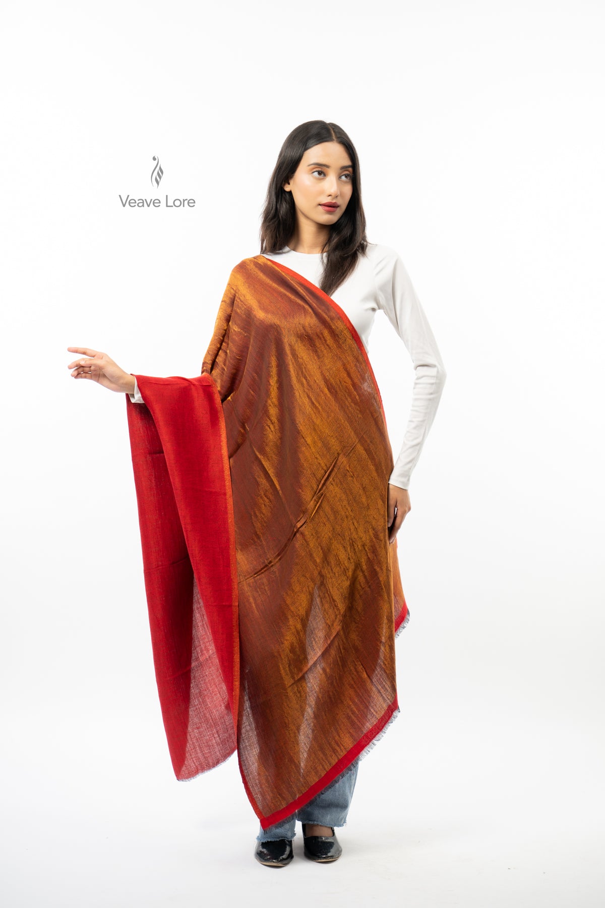 Women Rust & Red Double Face Fine Wool Zari Stole