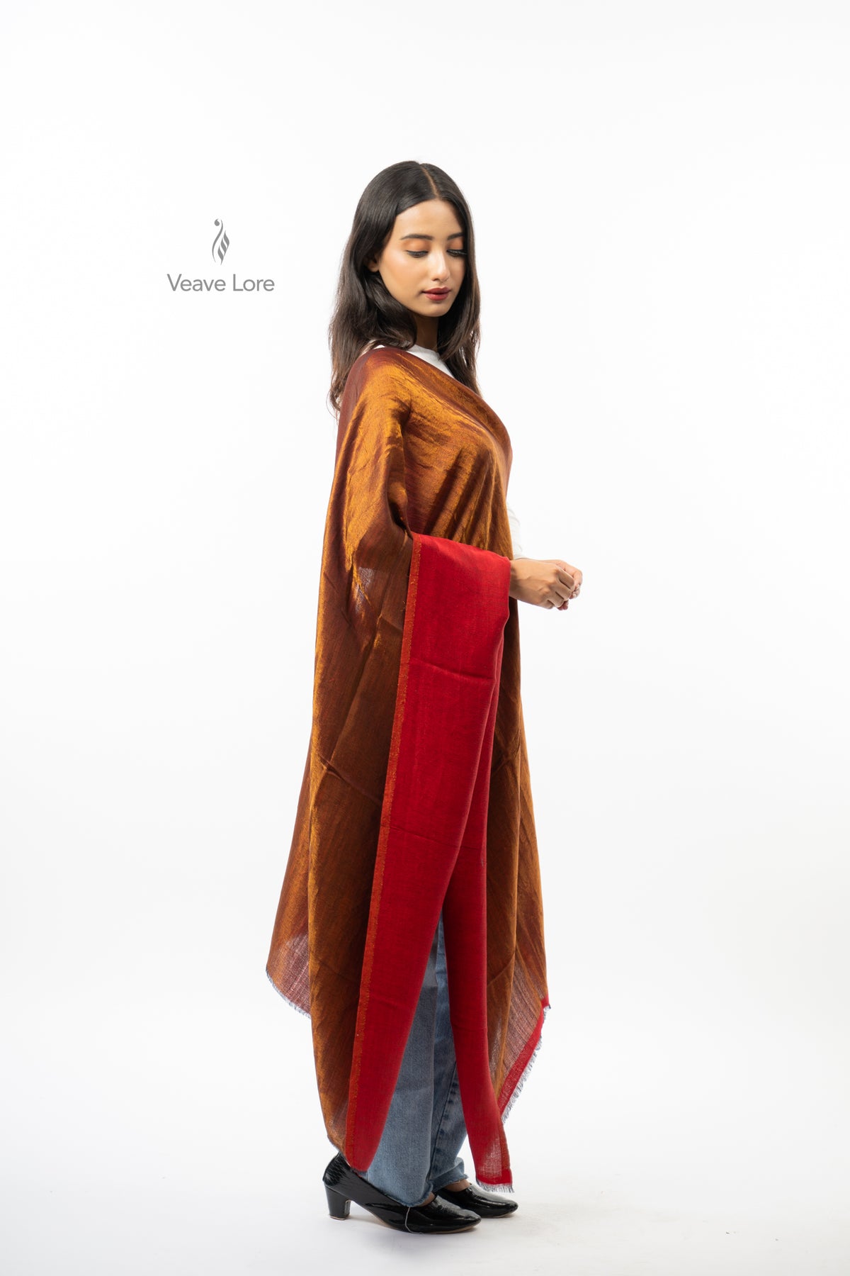 Women Rust & Red Double Face Fine Wool Zari Stole