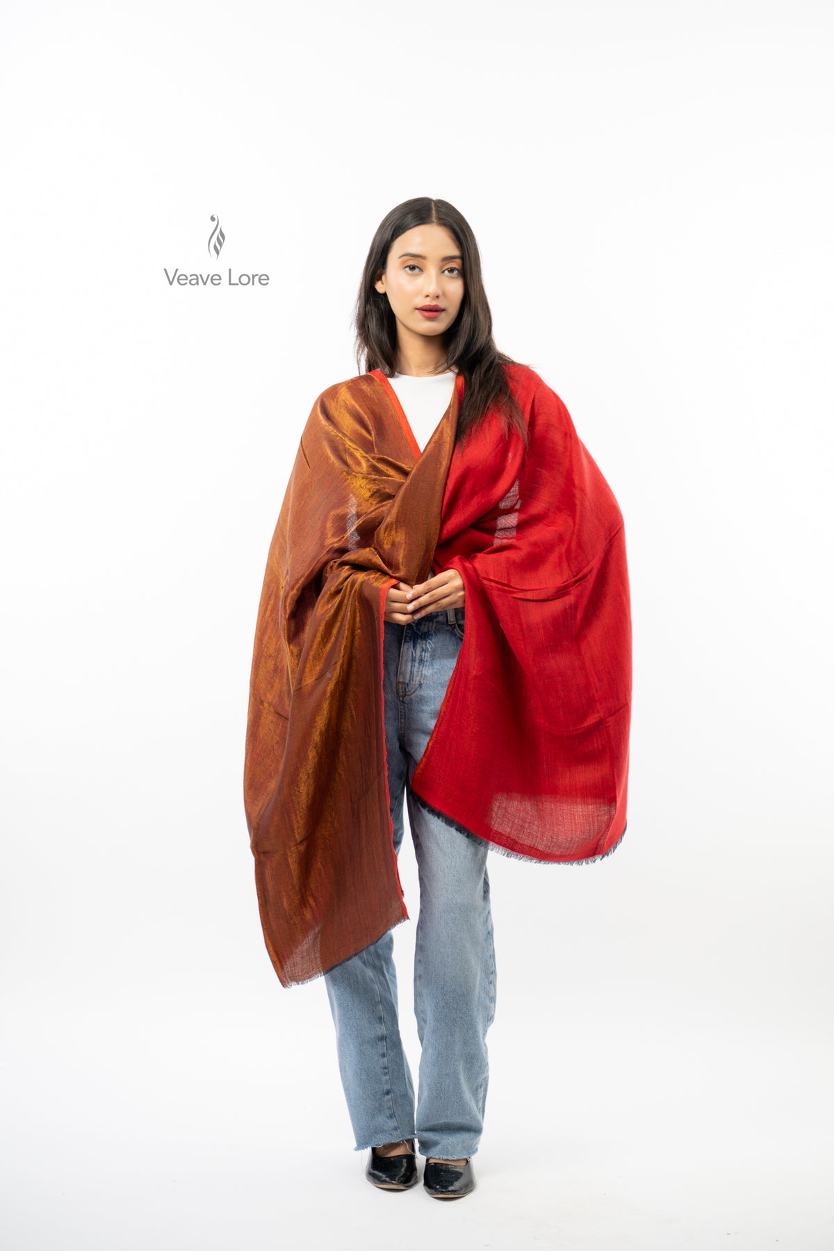 Women Rust & Red Double Face Fine Wool Zari Stole