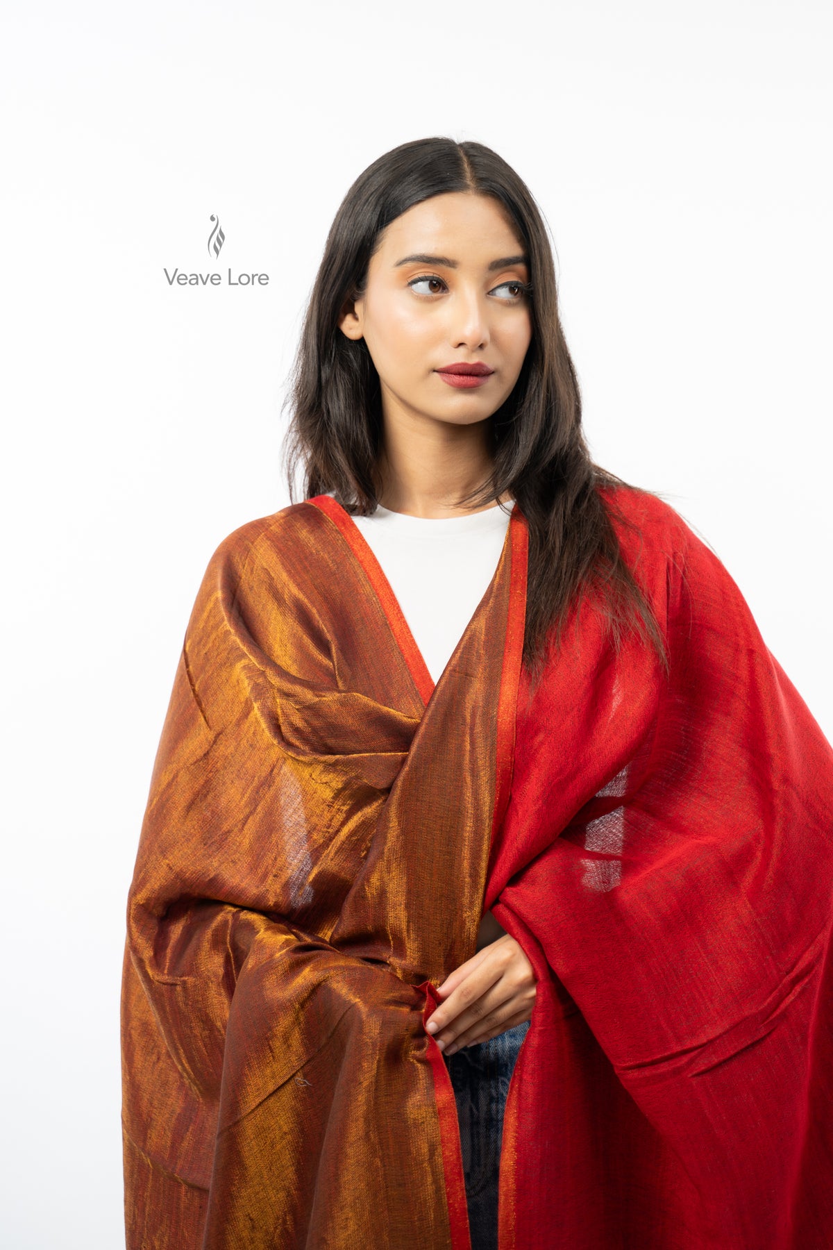 Women Rust & Red Double Face Fine Wool Zari Stole