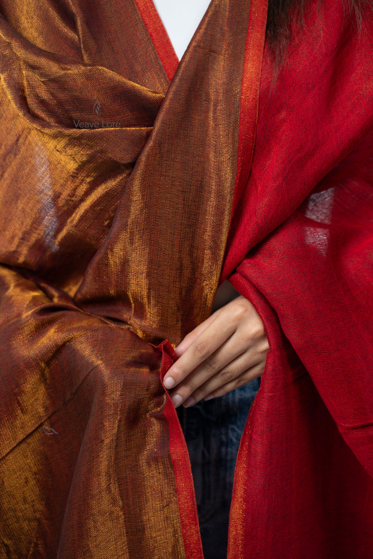 Women Rust & Red Double Face Fine Wool Zari Stole