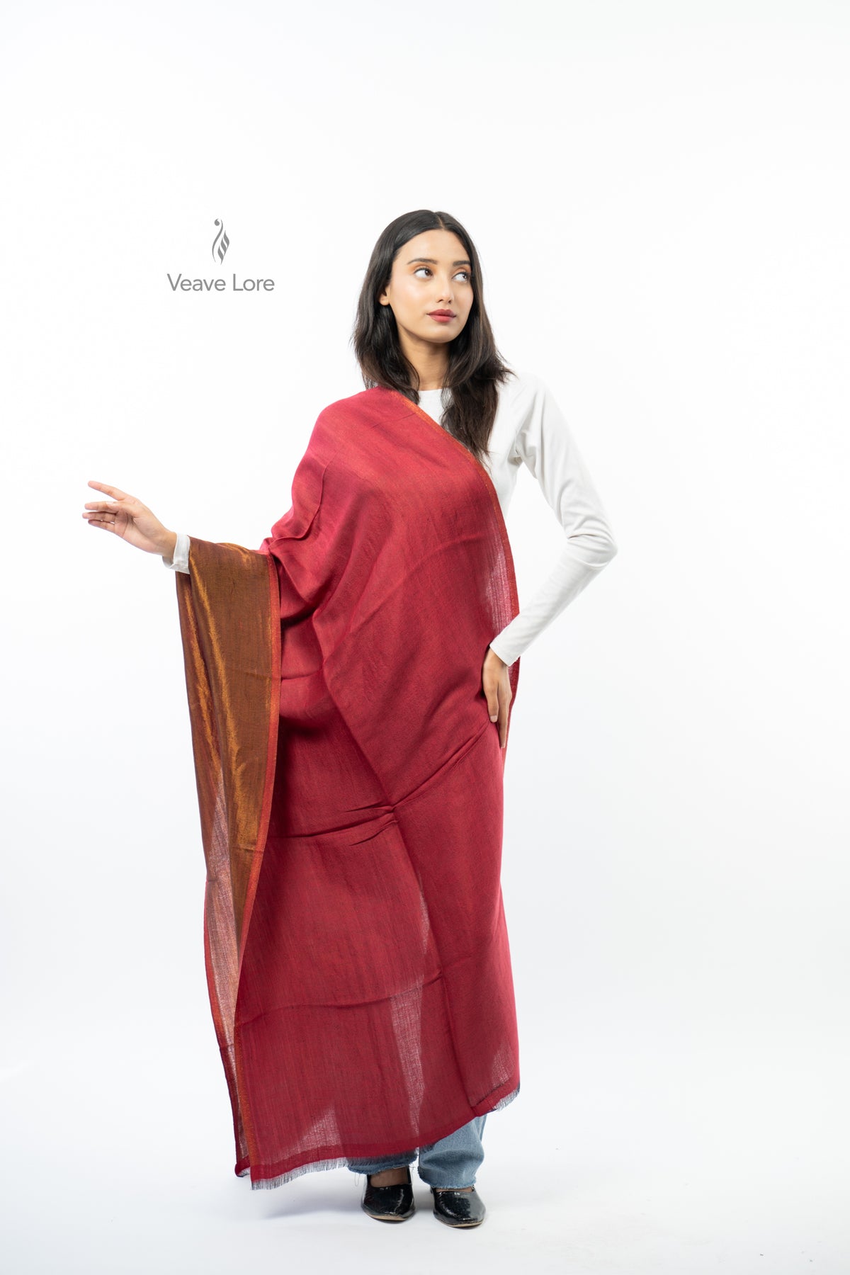 Women Rust & Red Double Face Fine Wool Zari Stole