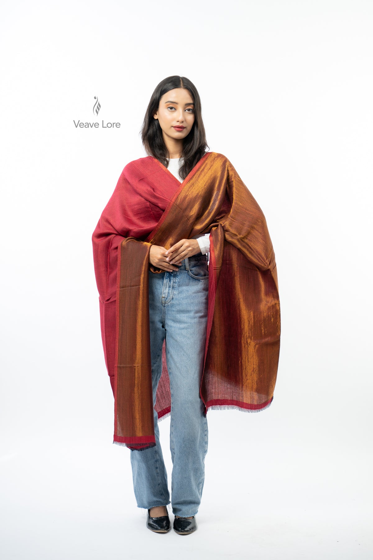 Women Rust & Red Double Face Fine Wool Zari Stole