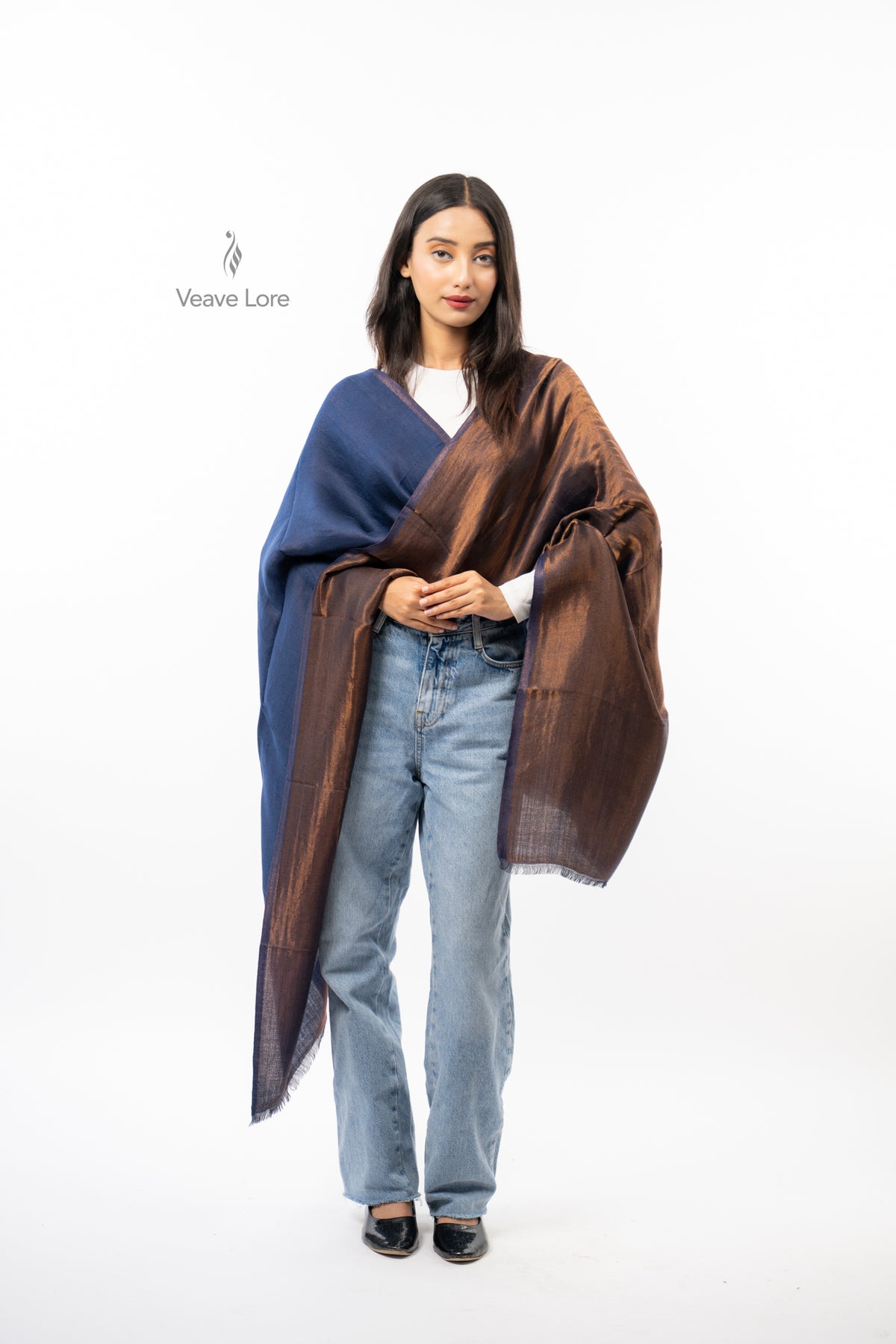 Women Rust & Red Double Face Fine Wool Zari Stole