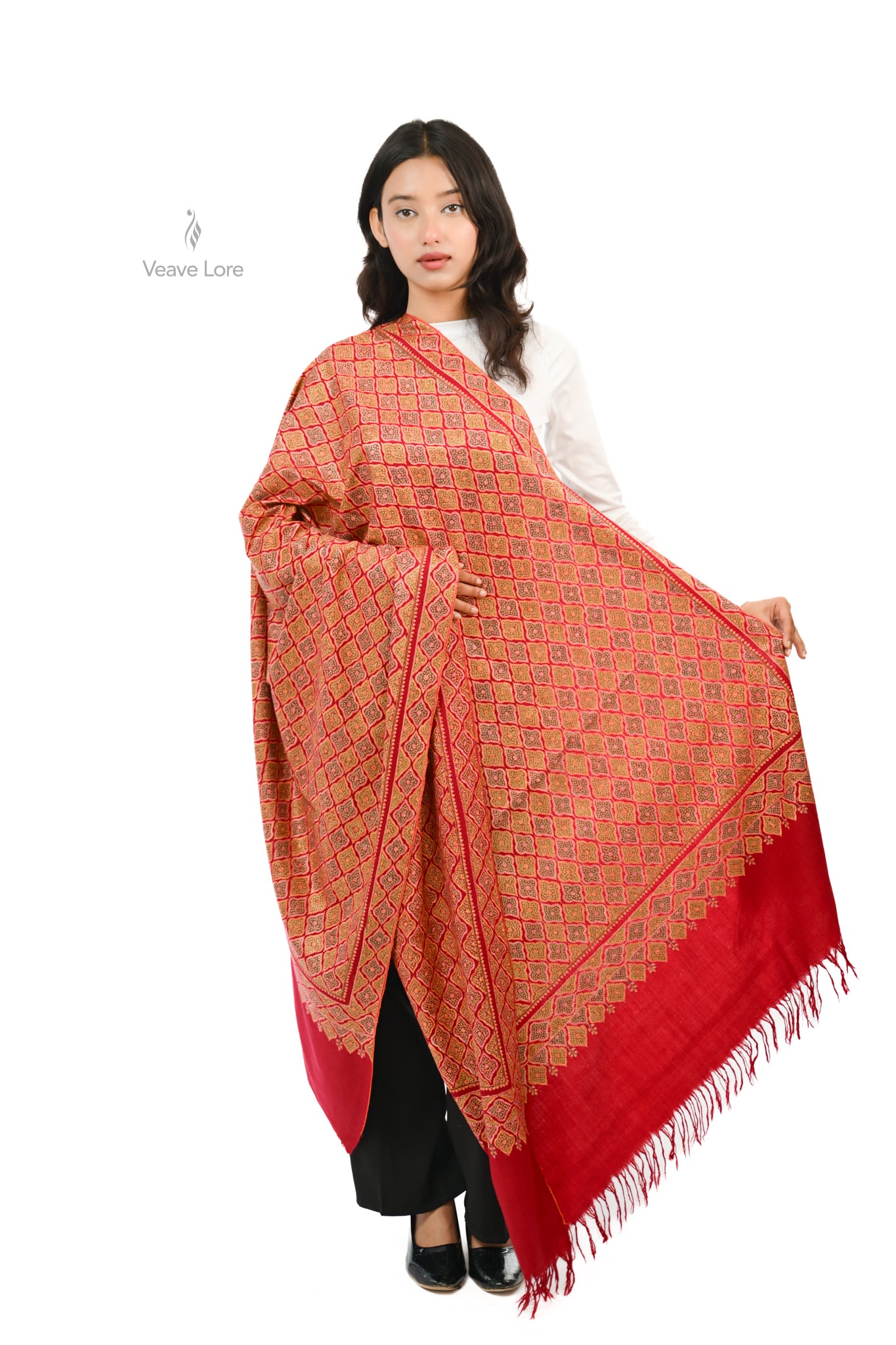 Firdaus Crimson Hand Embroidered Sozni Jamawar Shawl