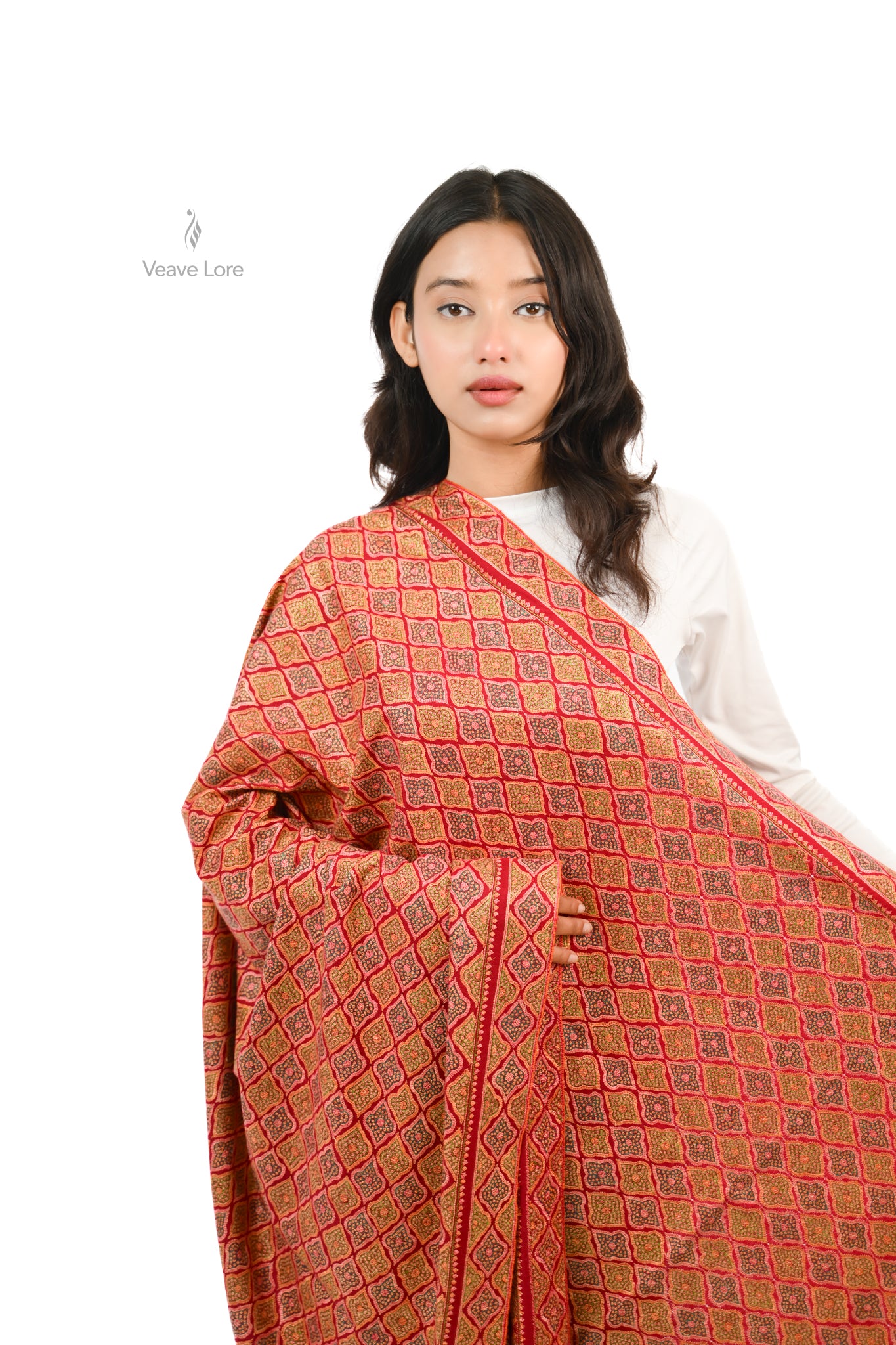 Firdaus Crimson Hand Embroidered Sozni Jamawar Shawl