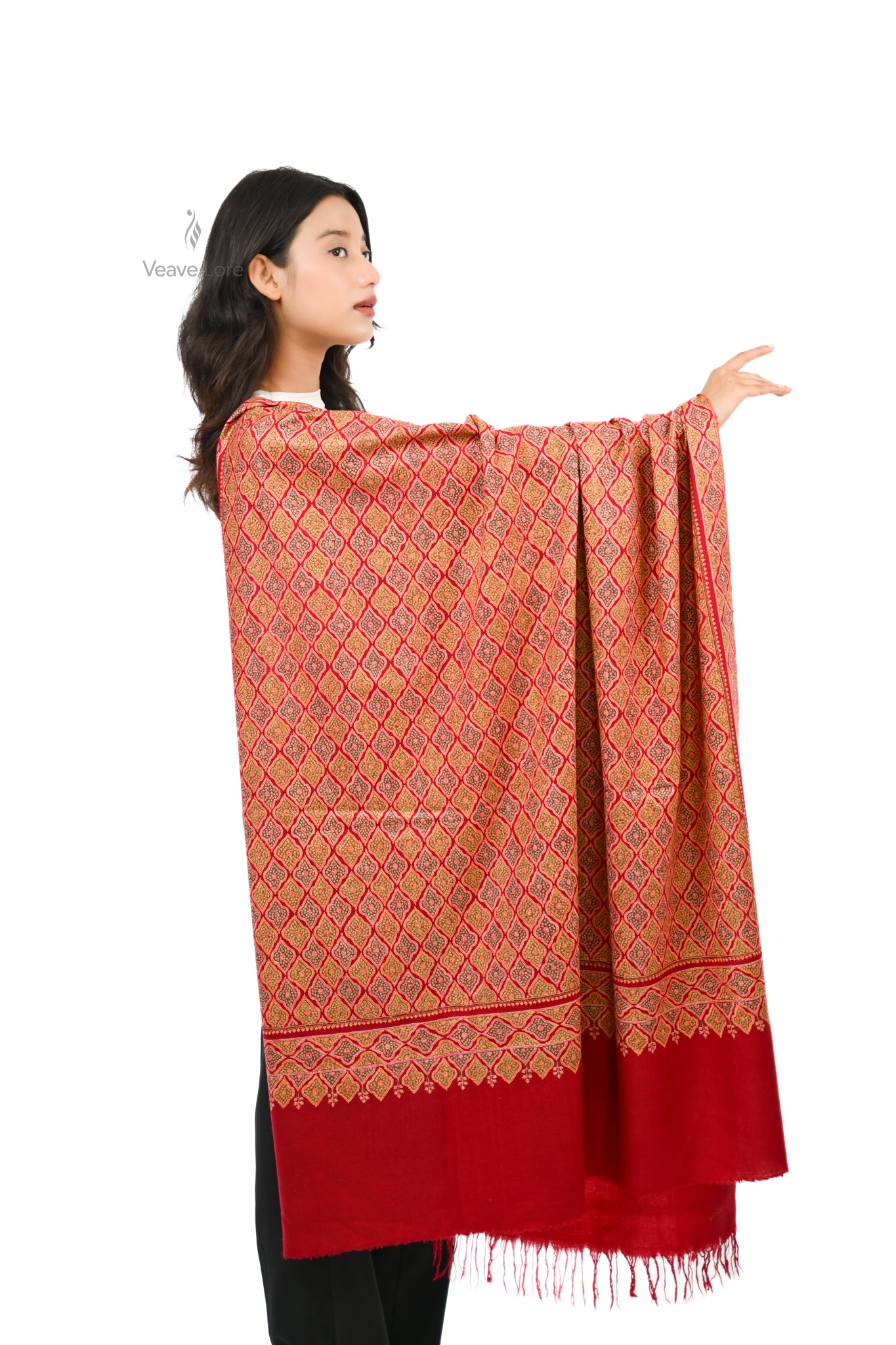 Firdaus Crimson Hand Embroidered Sozni Jamawar Shawl