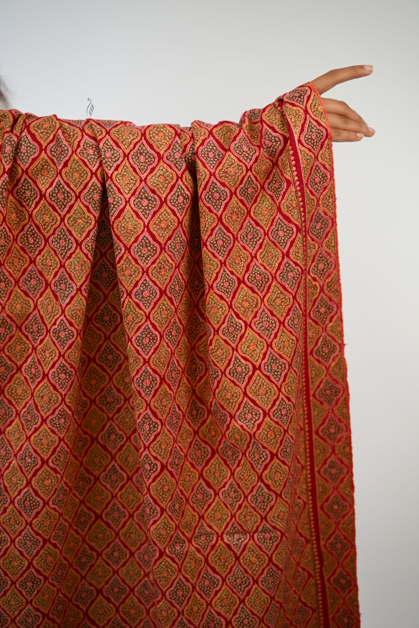 Firdaus Crimson Hand Embroidered Sozni Jamawar Shawl